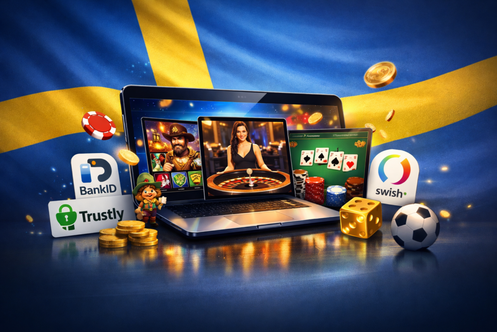 Illustration av svenska online casinon med laptop som visar slots, live roulette och poker. Svenska färger, BankID, Trustly och Swish-ikoner visar säkerhet och snabba betalningar.