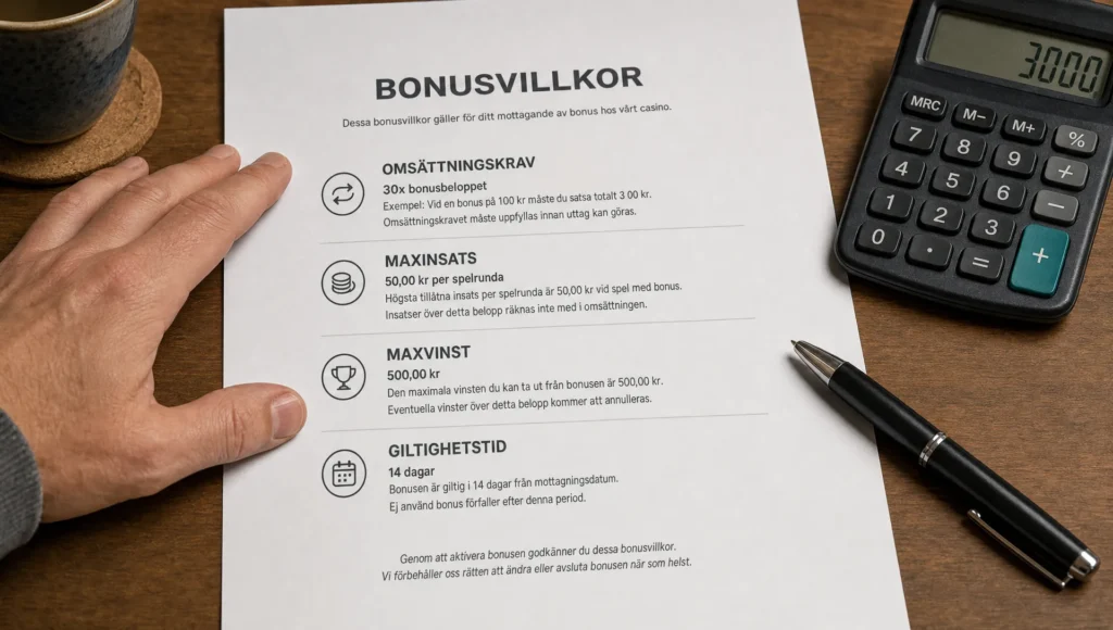 A printed casino bonus sheet on a table highlights omsättningskrav, maxinsats, maxvinst and giltighetstid.