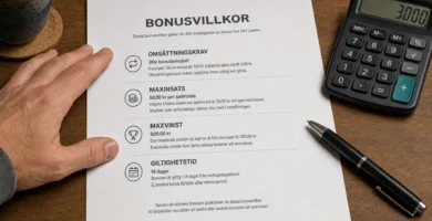 A printed casino bonus sheet on a table highlights omsättningskrav, maxinsats, maxvinst and giltighetstid.
