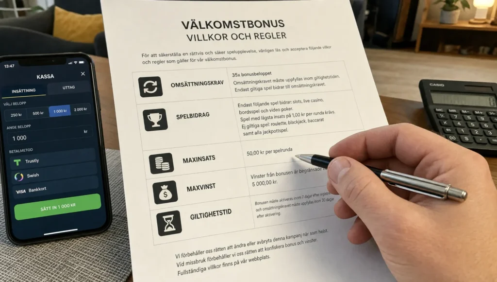 A printed casino bonus terms sheet sits beside a pen, calculator and phone while the key conditions are reviewed.
