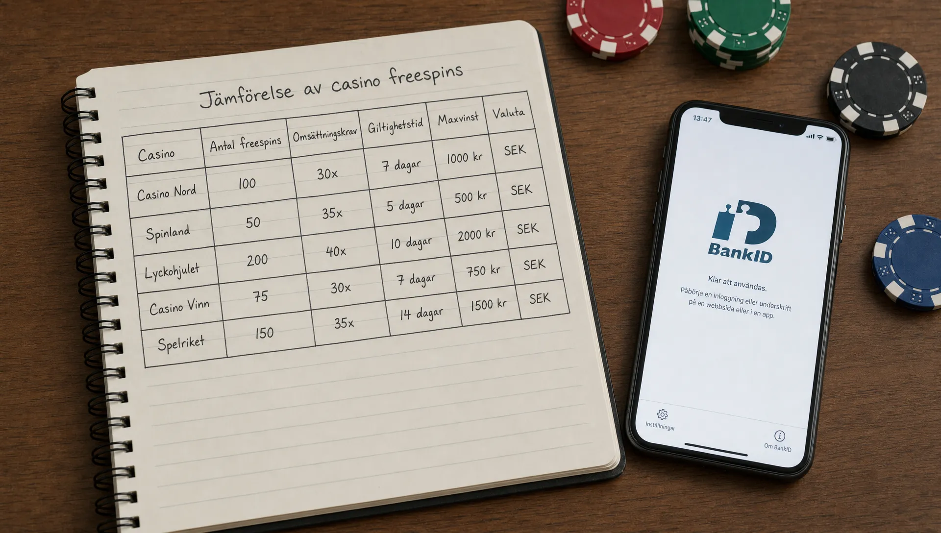 En anteckningsbok med en jämförelsetabell för casino freespins ligger bredvid en mobil med BankID och spelmarker på ett bord.