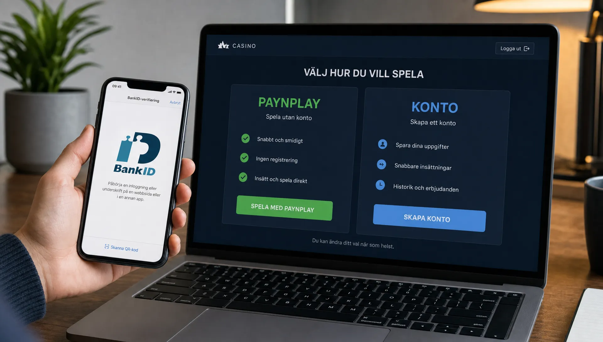 En BankID-verifiering på mobilen bredvid en öppen casinokontopanel på en laptop visar skillnaden mellan PayNPlay och konto.