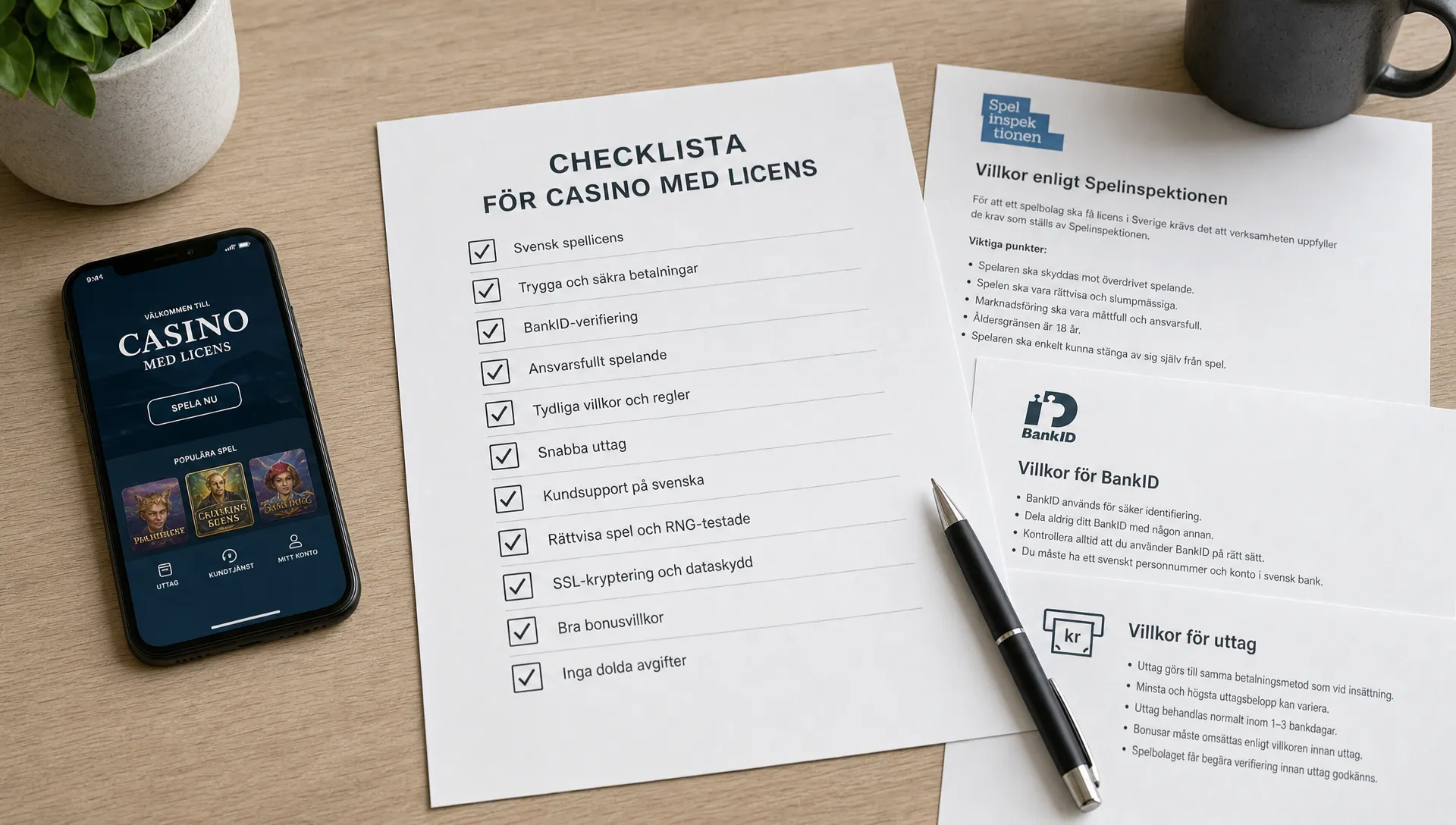 En checklista för casino med licens ligger på ett bord bredvid mobil, penna och utskrivna villkor för Spelinspektionen, BankID och uttag.