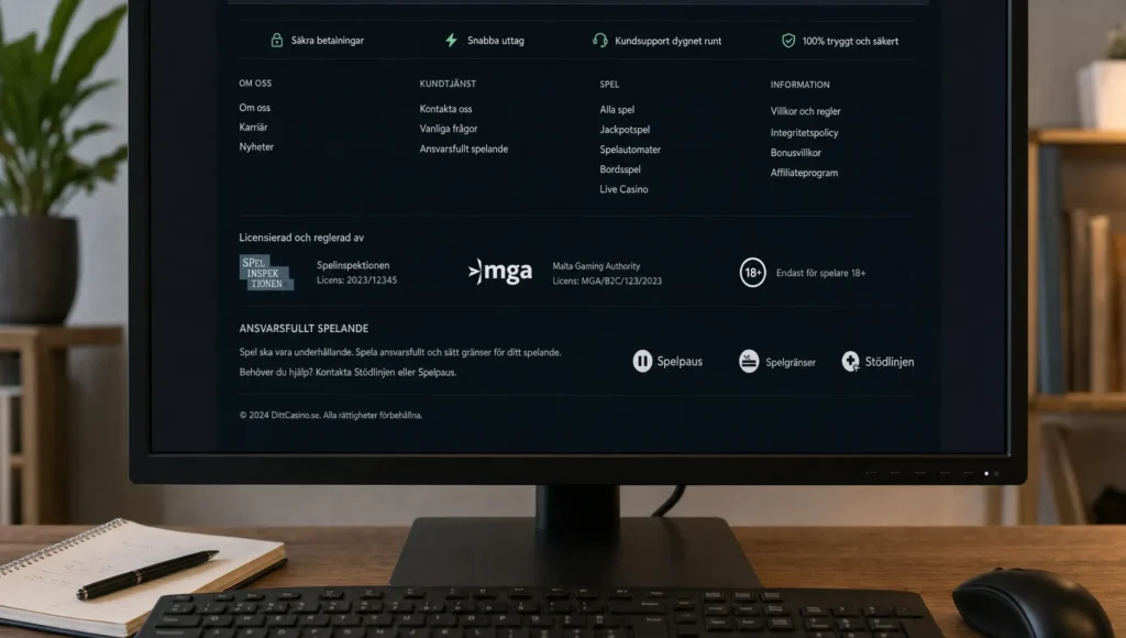 En datorskärm visar ett casinos sidfot med licens- och spelansvarsuppgifter vid en arbetsplats.