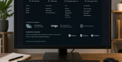En datorskärm visar ett casinos sidfot med licens- och spelansvarsuppgifter vid en arbetsplats.