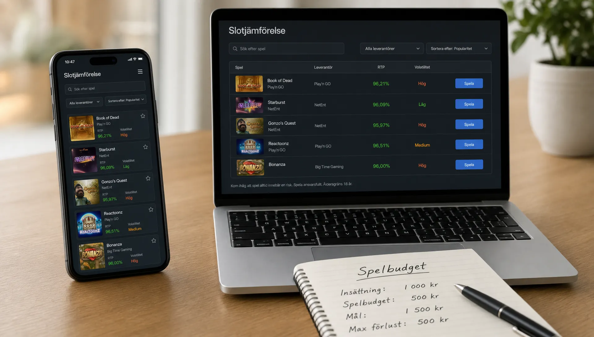 En mobil och en laptop visar slotjämförelser med RTP och volatilitet bredvid en enkel spelbudget på bordet.