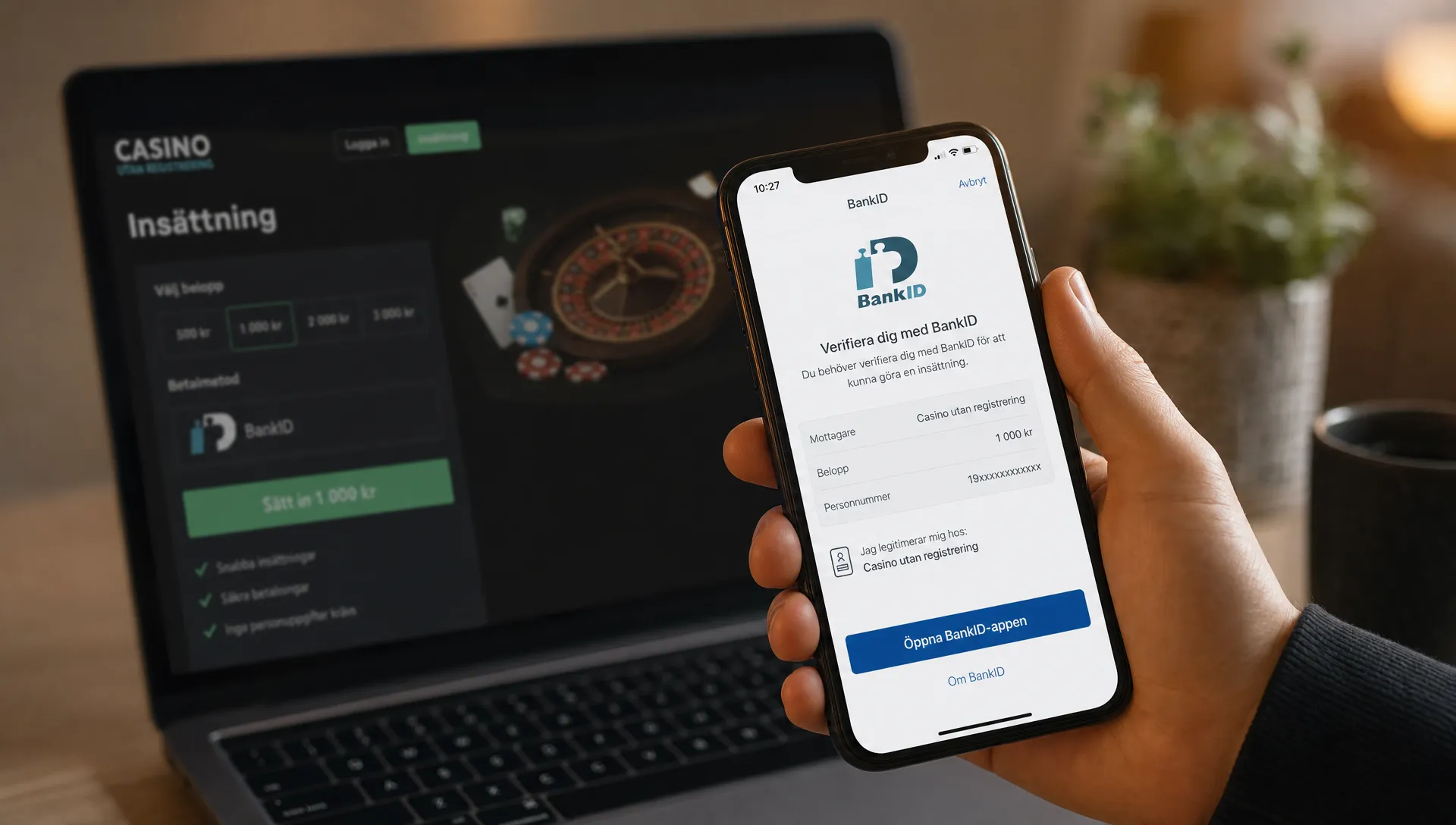 En mobiltelefon visar BankID-verifiering före insättning på ett casino utan registrering.