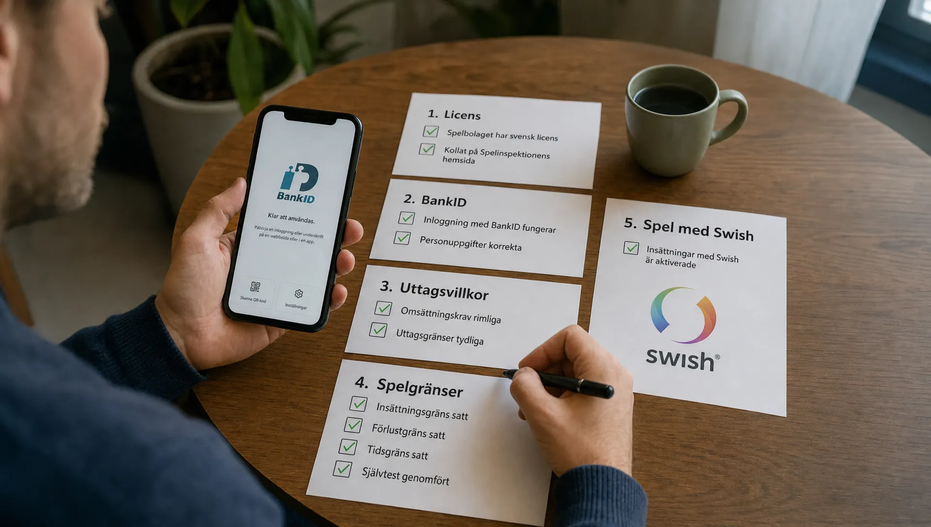 En person kontrollerar licens, BankID, uttagsvillkor och spelgränser med en mobil och checklistor på bordet innan spel med Swish.
