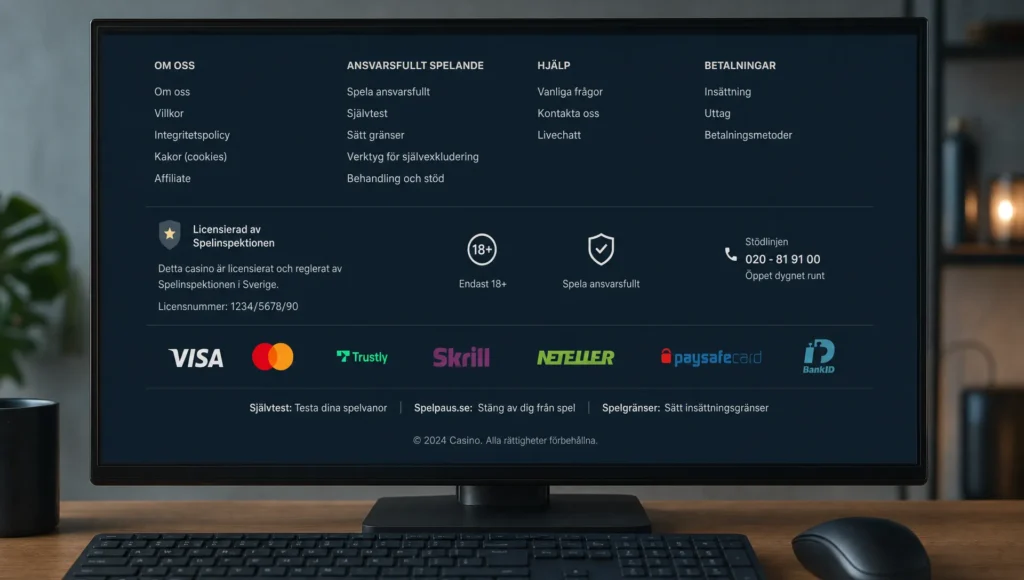 En skärm visar licensinformation, Spelpaus och andra kontrollpunkter på ett svenskt casino.