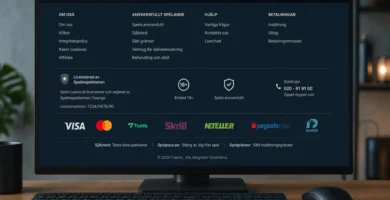 En skärm visar licensinformation, Spelpaus och andra kontrollpunkter på ett svenskt casino.