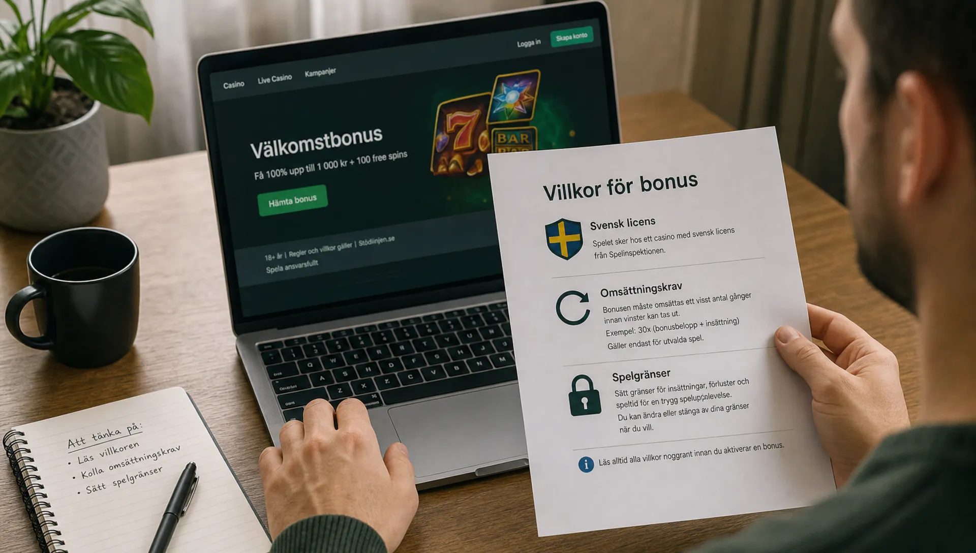 En spelare går igenom villkor för bonus på casino med fokus på svensk licens, omsättningskrav och spelgränser på ett skrivbord med laptop och papper.