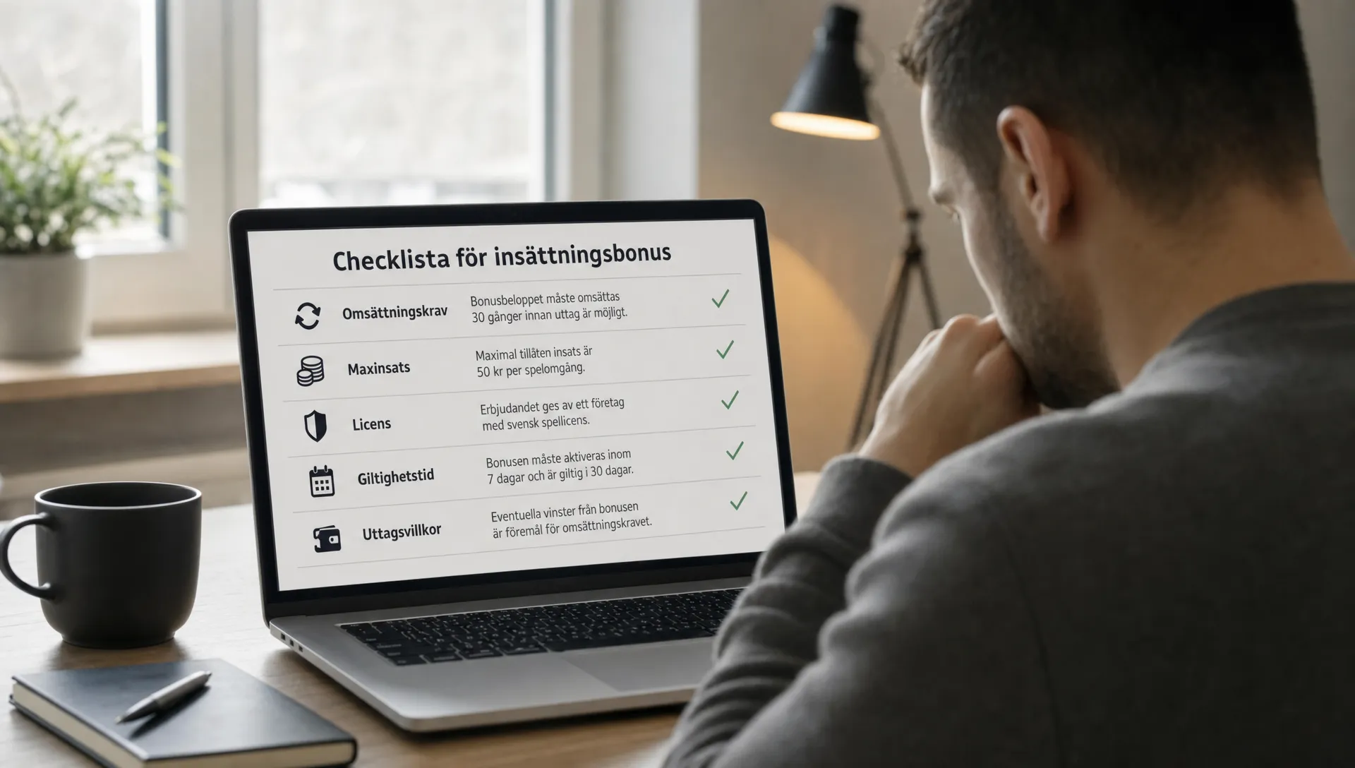 En spelare granskar en checklista för insättningsbonus med omsättningskrav, maxinsats, licens, giltighetstid och uttagsvillkor.