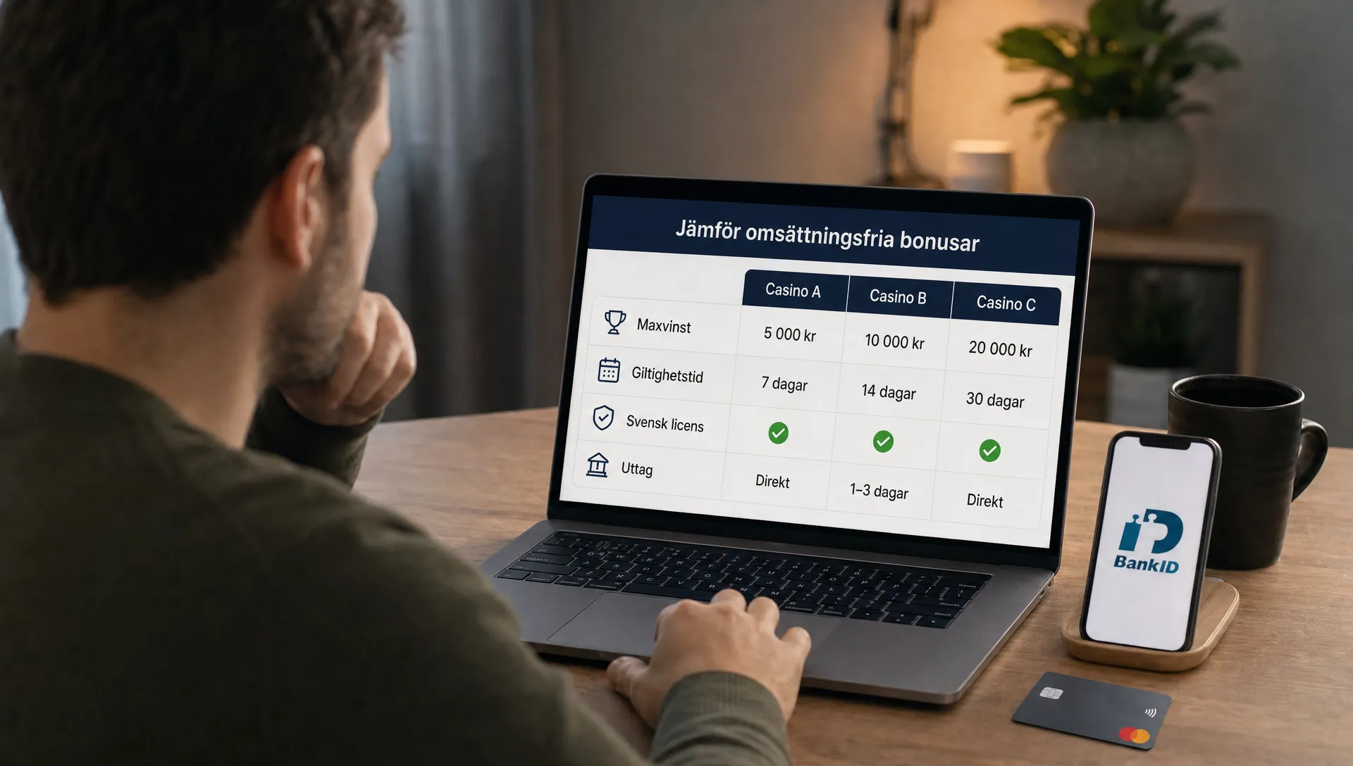 En spelare jämför omsättningsfria bonusar i en checklista med maxvinst, giltighetstid, svensk licens och uttag, med BankID och betalkort bredvid.