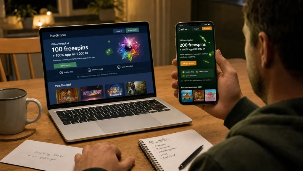En vuxen jämför casino freespins hemma vid köksbordet med laptop, mobil och anteckningar omkring sig.