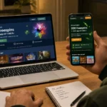 En vuxen jämför casino freespins hemma vid köksbordet med laptop, mobil och anteckningar omkring sig.