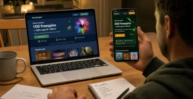 En vuxen jämför casino freespins hemma vid köksbordet med laptop, mobil och anteckningar omkring sig.