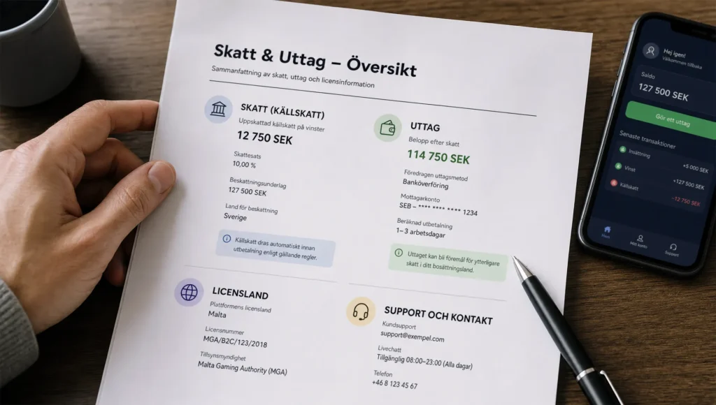 Ett bord med anteckningar visar skatt, uttag och licensuppgifter för ett casino utan svensk licens.