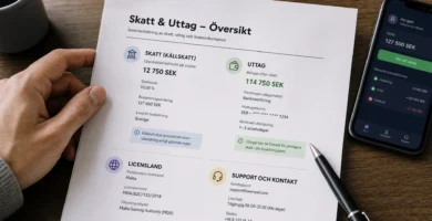 Ett bord med anteckningar visar skatt, uttag och licensuppgifter för ett casino utan svensk licens.