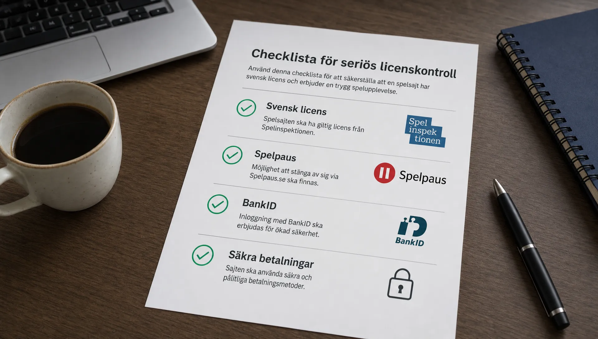 Ett bord med utskrivna kontrollpunkter för svensk licens, Spelpaus, BankID och säkra betalningar vid en seriös licenskontroll.