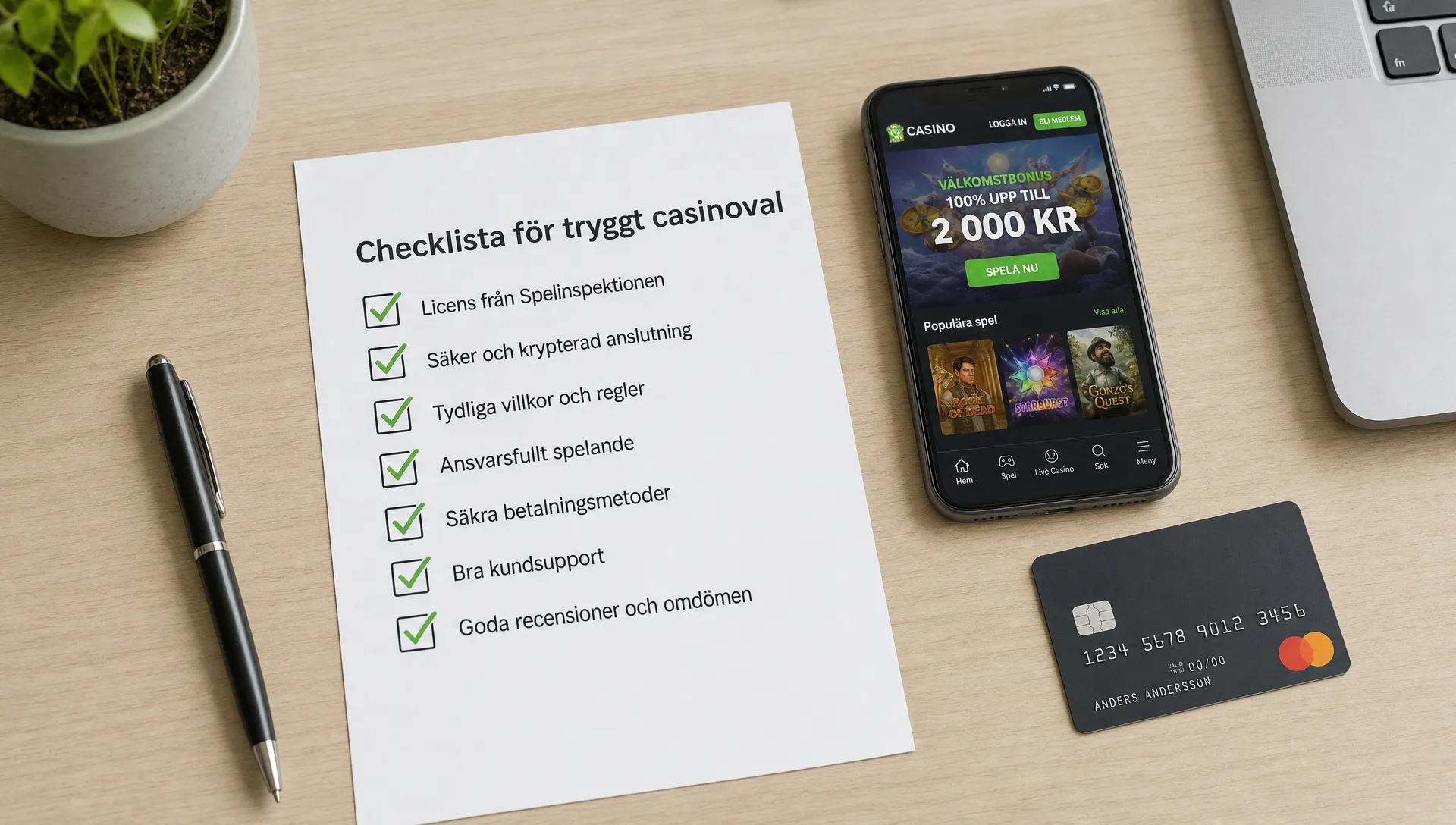 Ett skrivbord med en checklista för tryggt casinoval bredvid en mobiltelefon och ett bankkort.