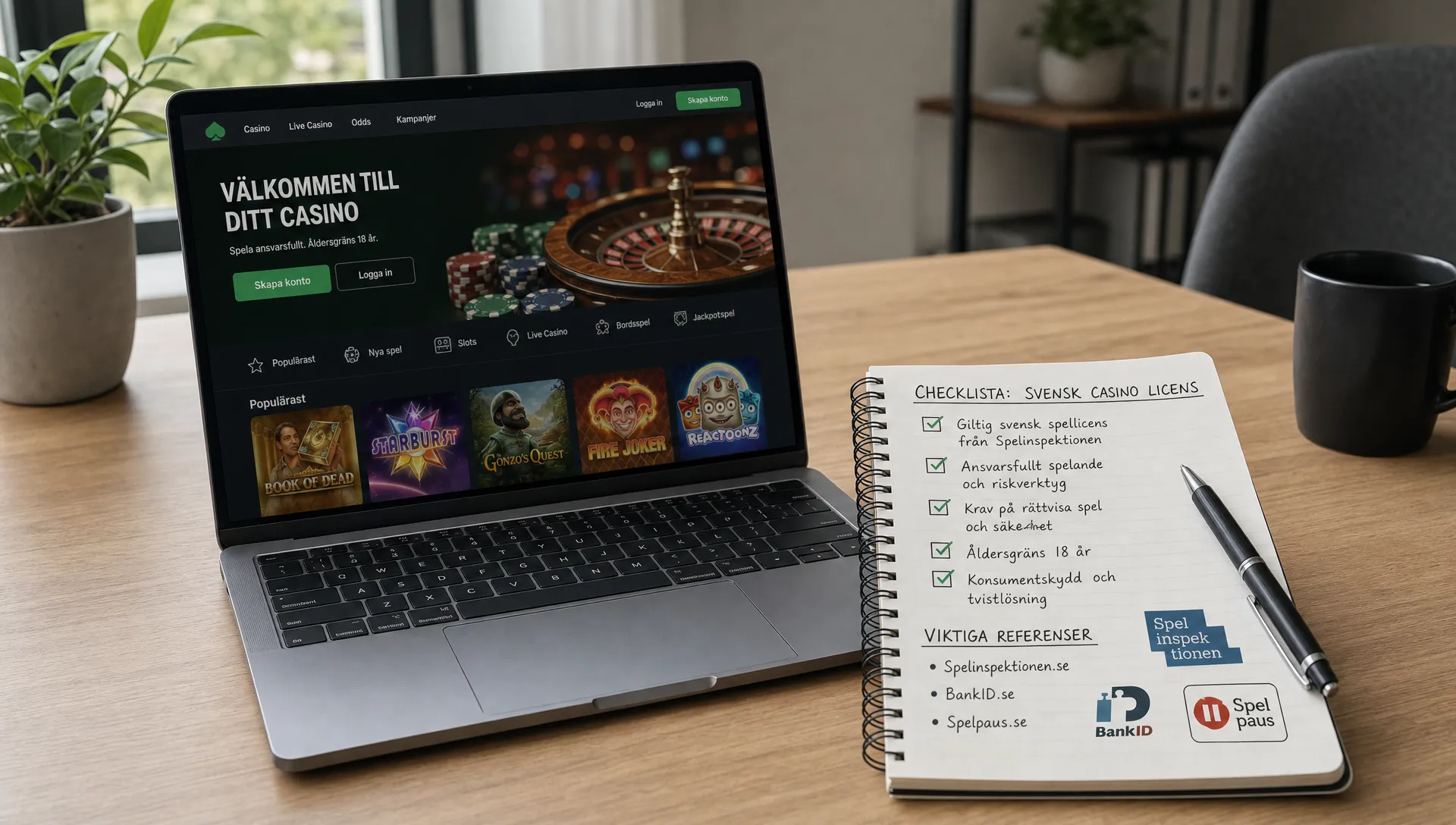 Ett skrivbord med en laptop som visar en casinosida, en anteckningsbok med kontrollpunkter för svensk casino licens och referenser till Spelinspektionen, BankID och Spelpaus.