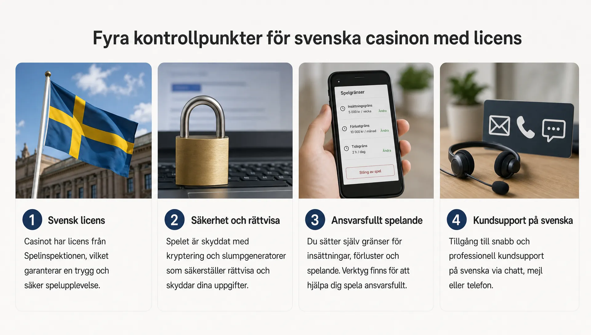 Fyra tydliga kontrollpunkter för svenska casinon med licens visas i en enkel översikt.