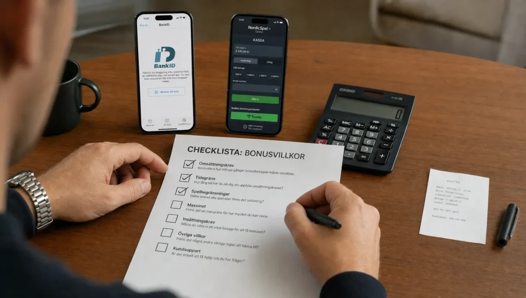 Händer går igenom en checklista för en omsättningsfri bonus med BankID, kalkylator och kassasida på mobilen.