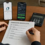 Händer går igenom en checklista för en omsättningsfri bonus med BankID, kalkylator och kassasida på mobilen.