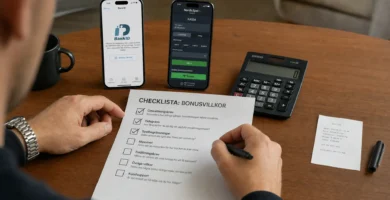 Händer går igenom en checklista för en omsättningsfri bonus med BankID, kalkylator och kassasida på mobilen.