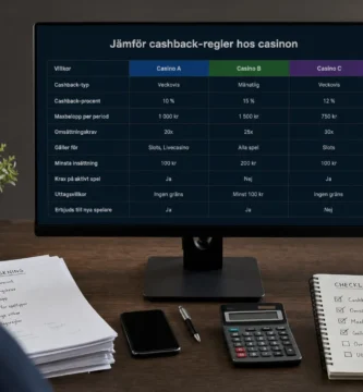 Händer jämför cashbackregler på en skärm medan en checklista, penna och kalkylator ligger på skrivbordet.