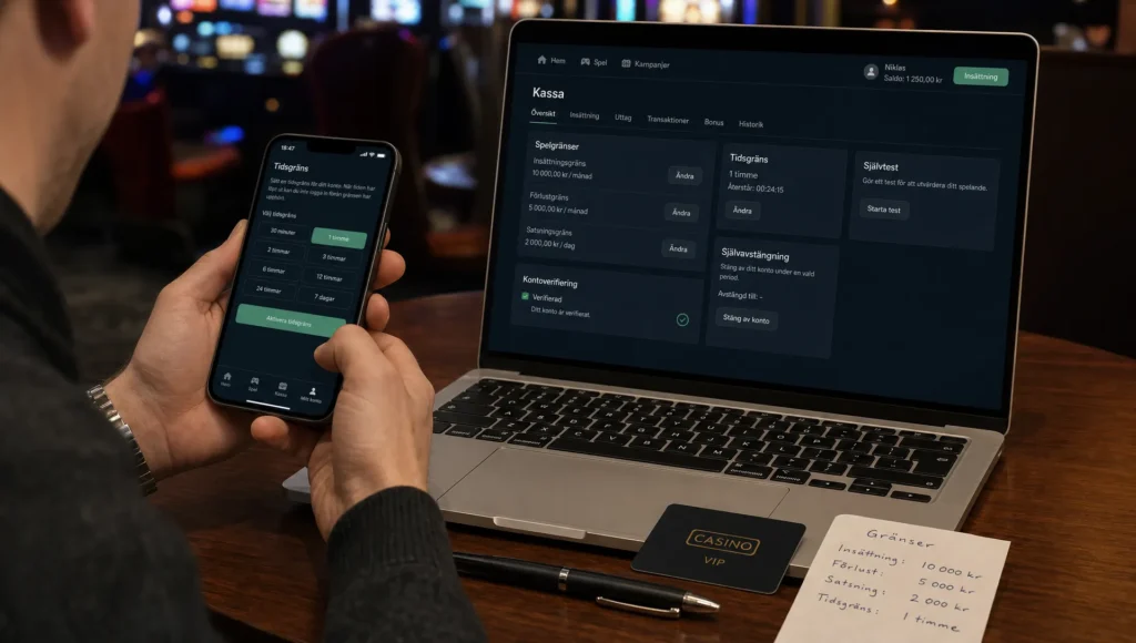 Händer ställer in tidsgräns och kontroll i ett casino konto vid en dator och en telefon.