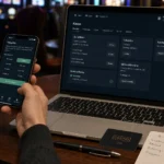 Händer ställer in tidsgräns och kontroll i ett casino konto vid en dator och en telefon.