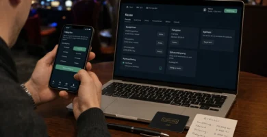 Händer ställer in tidsgräns och kontroll i ett casino konto vid en dator och en telefon.