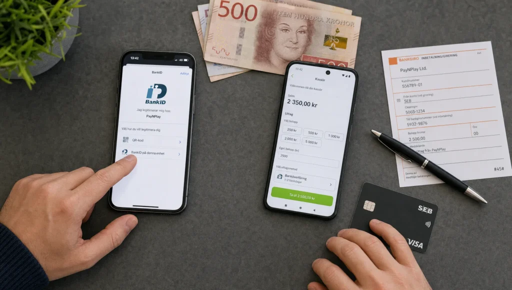 Händer vid ett bord använder BankID, bankkort och en casinokassa för att visa hur PayNPlay och konto skiljer sig.