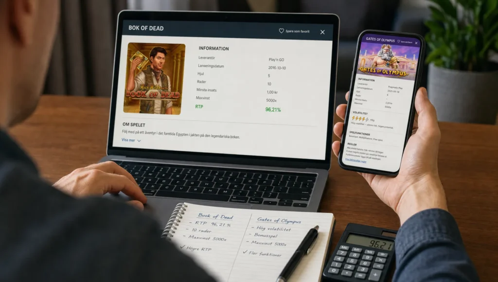 Hands compare two slot game info pages for RTP, volatility, and rules on a desk.