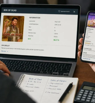 Hands compare two slot game info pages for RTP, volatility, and rules on a desk.