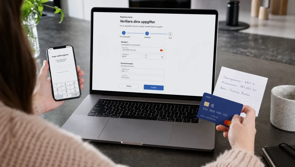 Hands complete a casino registration step with phone, card, and account details on a counter.