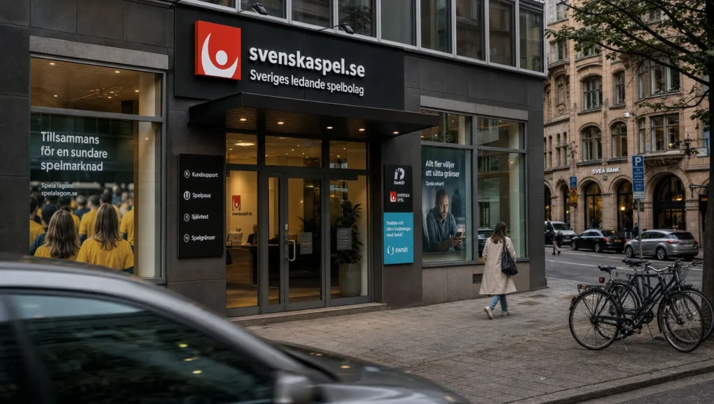 Swedish casino office on a city street with entrance, windows and passersby, suggesting the business behind Swish casino play.