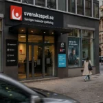 Swedish casino office on a city street with entrance, windows and passersby, suggesting the business behind Swish casino play.