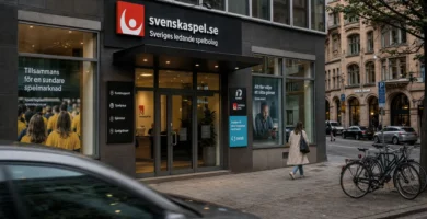 Swedish casino office on a city street with entrance, windows and passersby, suggesting the business behind Swish casino play.