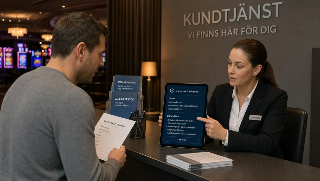 Två personer granskar licensuppgifter och bonusvillkor vid en servicedisk.