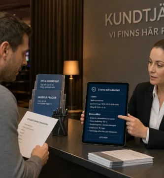 Två personer granskar licensuppgifter och bonusvillkor vid en servicedisk.