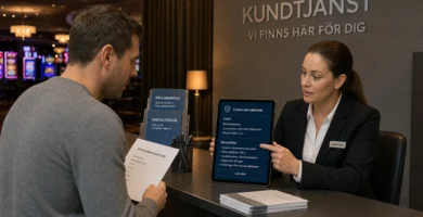 Två personer granskar licensuppgifter och bonusvillkor vid en servicedisk.