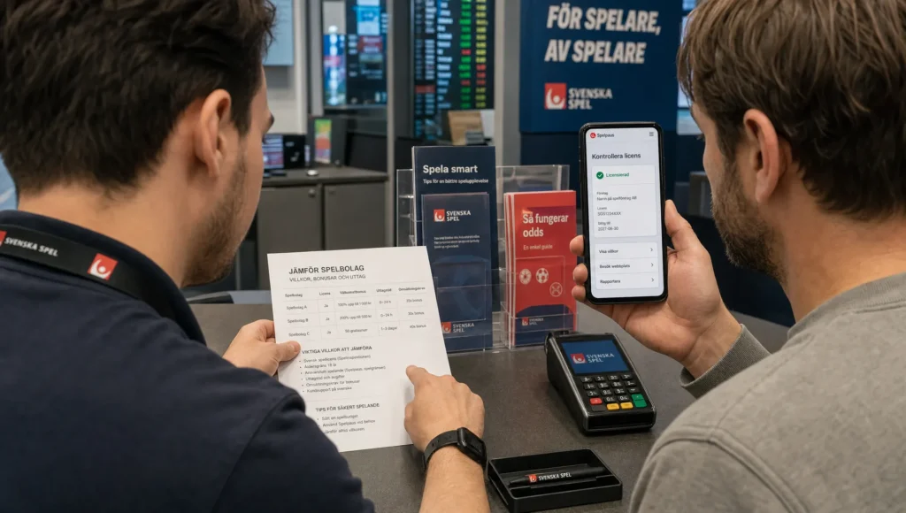 Två personer jämför casinovillkor vid en disk med telefon, papper och betalterminal.