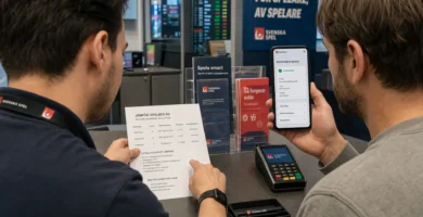 Två personer jämför casinovillkor vid en disk med telefon, papper och betalterminal.