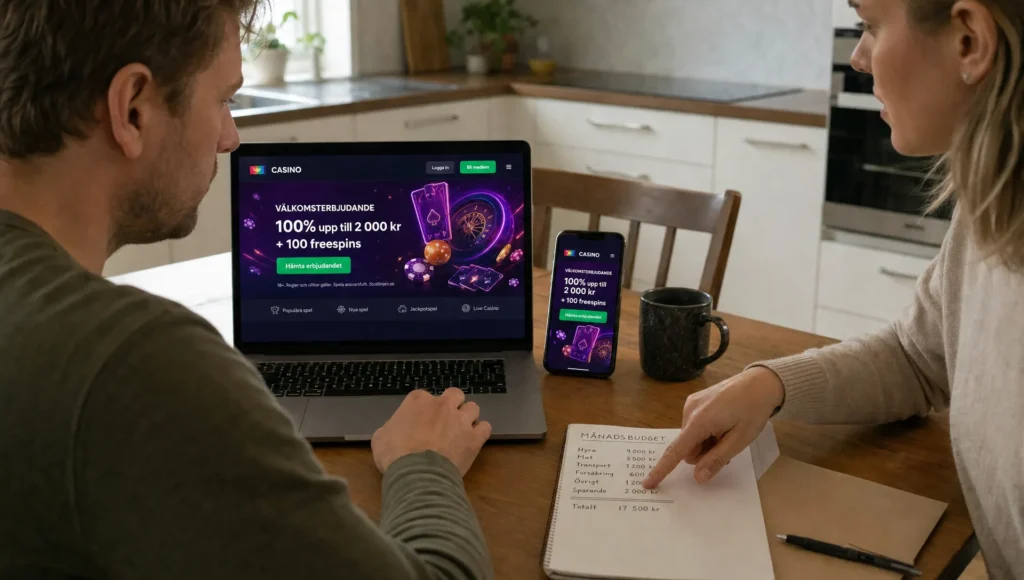 Två vuxna jämför en casino kampanj vid köksbordet och diskuterar budget och villkor innan de bestämmer sig.