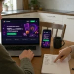 Två vuxna jämför en casino kampanj vid köksbordet och diskuterar budget och villkor innan de bestämmer sig.