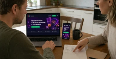 Två vuxna jämför en casino kampanj vid köksbordet och diskuterar budget och villkor innan de bestämmer sig.