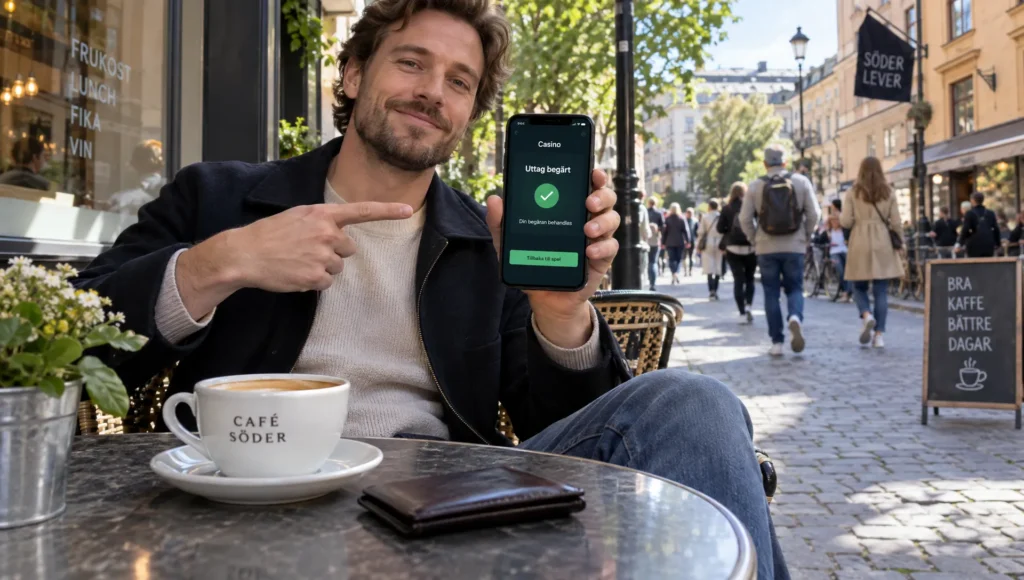 En cafébesökare följer en begärd casinoutbetalning på mobilen vid ett bord på trottoaren.