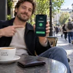 En cafébesökare följer en begärd casinoutbetalning på mobilen vid ett bord på trottoaren.